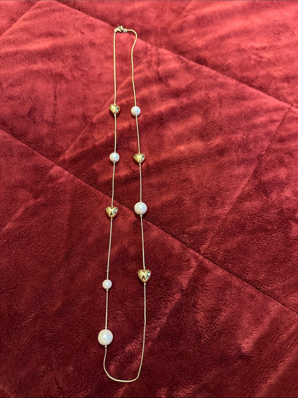 Gold Heart & Pearl Station Long Necklace - Women Jewelry